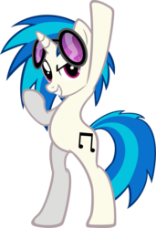 Size: 1432x2089 | Tagged: safe, artist:likonan, dj pon-3, vinyl scratch, pony, unicorn, g4, bipedal, female, glasses, hooves, horn, mare, music notes, pose, simple background, smiling, solo, standing, sunglasses, teeth, transparent background, vector