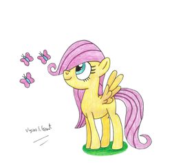 Size: 900x849 | Tagged: safe, artist:ulyssesgrant, fluttershy, butterfly, pony, g4, cute, female, filly, looking up, smiling, solo, traditional art, younger