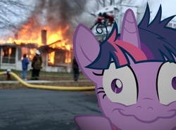 Size: 586x434 | Tagged: safe, artist:asideilogica, twilight sparkle, pony, g4, disaster girl, fire, house, image macro, insanity, irl, meme, photo, ponies in real life, twilight snapple, vector