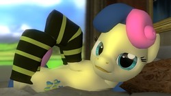 Size: 1366x768 | Tagged: safe, artist:legoguy9875, bon bon, sweetie drops, earth pony, pony, g4, 3d, bedroom eyes, clothes, female, gmod, looking at you, lying down, mare, on back, socks, solo, striped socks