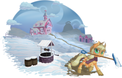 Size: 1625x1040 | Tagged: safe, artist:kittehkatbar, applejack, earth pony, pony, g4, barrel, boots, clothes, female, mouth hold, scarf, shoes, simple background, snow, snow shovel, solo, sweet apple acres, transparent background, well, winter