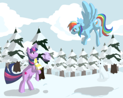 Size: 1080x854 | Tagged: safe, artist:otakugal15, rainbow dash, twilight sparkle, g4, clothes, scarf, snow, snowball, snowpony