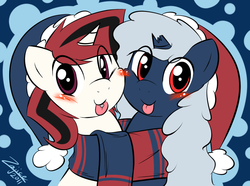 Size: 979x728 | Tagged: safe, artist:zajice, oc, oc only, oc:lilith, oc:shivers, pony, unicorn, :p, blushing, broken horn, clothes, cute, horn, looking at you, piercing, scarf, smiling, squishy cheeks, tongue out, tongue piercing