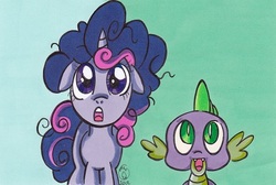 Size: 424x285 | Tagged: safe, artist:snowmoon333, spike, twilight sparkle, dragon, pony, unicorn, friendship is magic, g4, my little pony: friendship is magic, amazed, duo, floppy ears, frizzy hair, looking up, messy mane, open mouth, twilight poofle, unicorn twilight