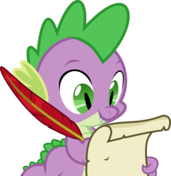 Size: 6000x6196 | Tagged: safe, artist:bucketofwhales, spike, dragon, g4, absurd resolution, male, quill, scroll, simple background, smiling, transparent background, writing
