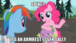 Size: 1280x719 | Tagged: safe, edit, edited screencap, screencap, pinkie pie, rainbow dash, spike, dragon, earth pony, pegasus, pony, g4, may the best pet win, season 2, caption, hacking pinkie pie!, image macro, meanies, pinkie prick, spikeabuse, trio