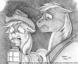 Size: 969x794 | Tagged: safe, artist:baron engel, applejack, big macintosh, earth pony, pony, g4, blood on the floor, grayscale, horror, lantern, male, monochrome, pencil drawing, stallion, traditional art