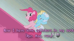 Size: 640x360 | Tagged: safe, edit, edited screencap, screencap, pinkie pie, earth pony, pony, unicorn, g4, female, filly, literal butthurt, literal music video, mare