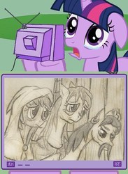 Size: 438x600 | Tagged: safe, twilight sparkle, oc, pony, unicorn, g4, exploitable meme, horn, meme, sad, the hunchback of notre dame, tv meme, youtube, youtube link