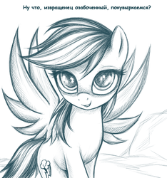 Size: 600x640 | Tagged: source needed, safe, artist:rainbow, rainbow dash, pegasus, pony, g4, cute, dialogue, female, looking at you, monochrome, russian, smiling, solo, spread wings, translated in the comments, wings