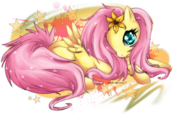 Size: 900x589 | Tagged: safe, artist:xwhitex77, fluttershy, pegasus, pony, g4, female, flower, flower in hair, mare, prone, solo, stars