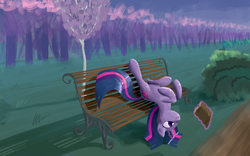 Size: 1920x1200 | Tagged: safe, artist:eytosh, twilight sparkle, pony, unicorn, g4, bench, book, female, magic, mare, reading, solo, upside down