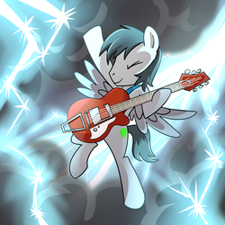 Size: 1500x1500 | Tagged: safe, artist:madmax, oc, oc only, pegasus, pony, cloud, dark clouds, electricity, eyes closed, flying, guitar, guitar pick, musical instrument, pegasus oc, rock (music), smiling, solo, spread wings