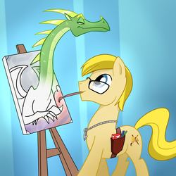 Size: 1500x1500 | Tagged: safe, artist:madmax, oc, oc only, dragon, earth pony, pony, :t, abstract background, canvas, cute, drawing, jewelry, lidded eyes, looking up, male, mouth hold, necklace, ocbetes, painting, saddle bag, smiling, smirk, solo, stallion