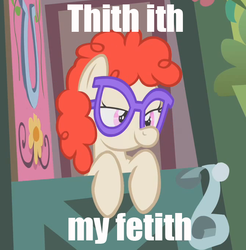 Size: 666x676 | Tagged: safe, twist, earth pony, pony, g4, caption, female, glasses, image macro, reaction image, solo, that is my fetish