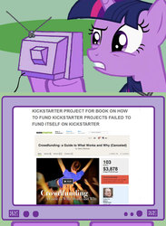 Size: 563x771 | Tagged: safe, twilight sparkle, pony, g4, exploitable meme, irony, kickstarter, meme, tv meme, wat