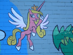 Size: 4320x3240 | Tagged: safe, princess cadance, alicorn, pony, g4, alternate color palette, alternate hair color, blonde, city, colored wings, graffiti, hoof shoes, irl, jewelry, palette swap, ponies are everywhere, tiara, wings