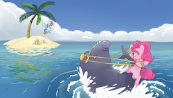 Size: 1920x1080 | Tagged: safe, artist:spicyhamsandwich, fluttershy, pinkie pie, rainbow dash, earth pony, pony, shark, g4, ><, bridle, cloud, eyes closed, female, island, mare, ocean, palm tree, ponies riding sharks, riding, tree, wallpaper