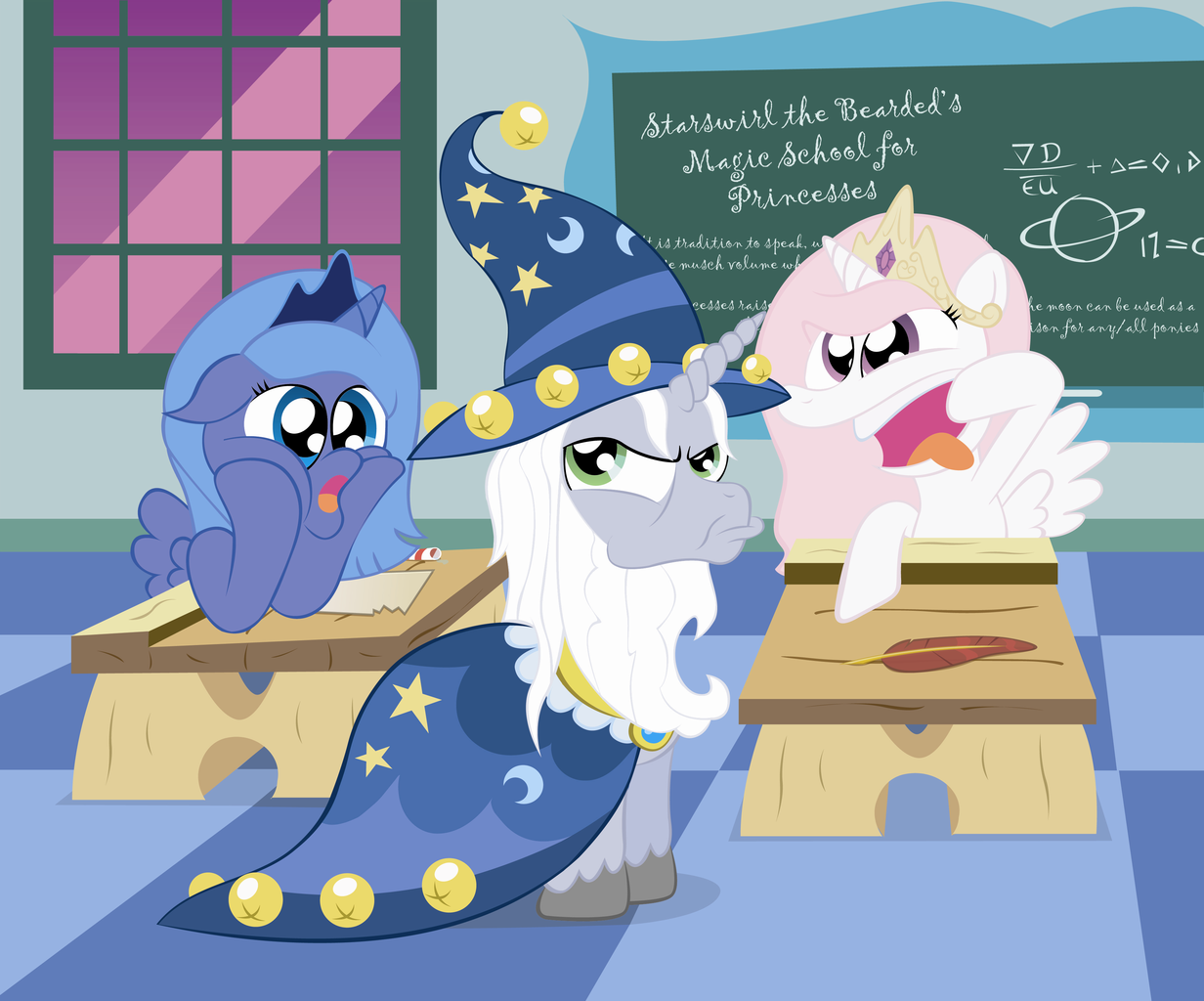 110849 - safe, artist:t-3000, princess celestia, princess luna, star swirl  the bearded, g4, classroom, filly, funny faces, high res - Derpibooru