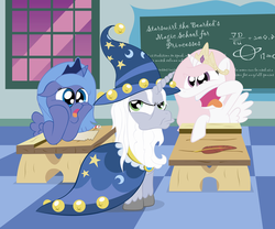 Size: 3852x3201 | Tagged: safe, artist:t-3000, princess celestia, princess luna, star swirl the bearded, alicorn, pony, unicorn, g4, classroom, filly, funny faces, high res, horn