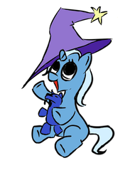 Size: 642x813 | Tagged: safe, artist:rubrony, trixie, pony, unicorn, ursa minor, g4, cute, diatrixes, female, filly, filly trixie, foal, happy, hat, open mouth, pointing, simple background, sitting, smiling, solo, teddy bear, underhoof, ursa plush, white background, younger