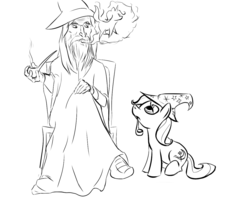 Size: 1200x1000 | Tagged: safe, artist:rubrony, trixie, human, pony, unicorn, g4, chair, crossover, female, frown, gandalf, lidded eyes, looking up, lord of the rings, mare, monochrome, mouth hold, pipe, sitting, smoke, smoking, unamused