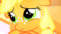 Size: 500x281 | Tagged: safe, screencap, applejack, earth pony, pony, g4, season 1, the cutie mark chronicles, animated, cropped, crying, crying on the outside, female, filly, filly applejack, hatless, missing accessory, solo, younger