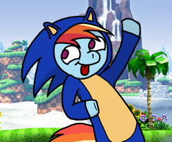 Size: 683x566 | Tagged: source needed, useless source url, safe, artist:spikeandfriends, rainbow dash, pegasus, pony, g4, blonic, blue, cosplay, crossover, derp, funny, gotta go fast, male, sonic the hedgehog, sonic the hedgehog (series), tongue out