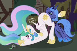 Size: 1100x736 | Tagged: safe, artist:lowkey, princess celestia, princess luna, alicorn, pony, g4, blushing, colored, drunk, drunklestia, duo, duo female, female, hiccup, mare, martini, onomatopoeia, pushing, rump push, s1 luna, sisters, slender, thin