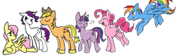 Size: 1765x560 | Tagged: safe, artist:cleppyclep, applejack, fluttershy, pinkie pie, rainbow dash, rarity, twilight sparkle, g4, applejack (male), bubble berry, butterscotch, dusk shine, elusive, male, male six, mane six, rainbow blitz, rule 63