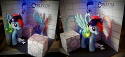 Size: 2062x938 | Tagged: safe, rainbow dash, pony, g4, customized toy, irl, photo, portal, portal (valve), portal gun, toy