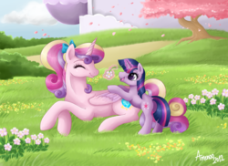 Size: 800x582 | Tagged: safe, artist:amenoo, princess cadance, twilight sparkle, alicorn, pony, unicorn, g4, alternate hairstyle, bow, bush, cloud, cute, cutedance, cutie mark, duo, duo female, female, filly, flower, grass, hair bow, happy, levitation, lying down, magic, open mouth, ponytail, teen princess cadance, telekinesis