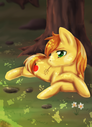 Size: 768x1056 | Tagged: safe, artist:buizel149, braeburn, earth pony, pony, g4, grass, male, mouth hold, prone, shade, solo, stallion, tree