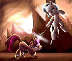 Size: 1000x845 | Tagged: safe, artist:zelc-face, trixie, twilight sparkle, pony, unicorn, g4, element of magic, female, mare, wand