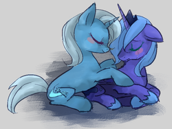 Size: 702x527 | Tagged: safe, artist:beato-riiche, princess luna, trixie, alicorn, pony, unicorn, g4, blushing, crying, eyes closed, female, lesbian, luxie, mare, s1 luna, shipping, smiling