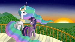 Size: 1920x1080 | Tagged: safe, artist:deilan12, princess celestia, twilight sparkle, alicorn, pony, unicorn, g4, duo, horn