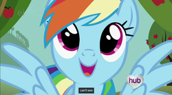 Size: 853x472 | Tagged: safe, screencap, rainbow dash, pony, g4, blind, female, solo, youtube caption