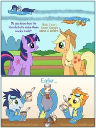 Size: 962x1280 | Tagged: safe, artist:finnishfox, applejack, silver lining, silver zoom, soarin', spitfire, twilight sparkle, earth pony, pegasus, pony, unicorn, g4, beans, butt, comic, eating, fart, fart joke, female, male, mare, plot, stallion, toilet humor, wonderbolts