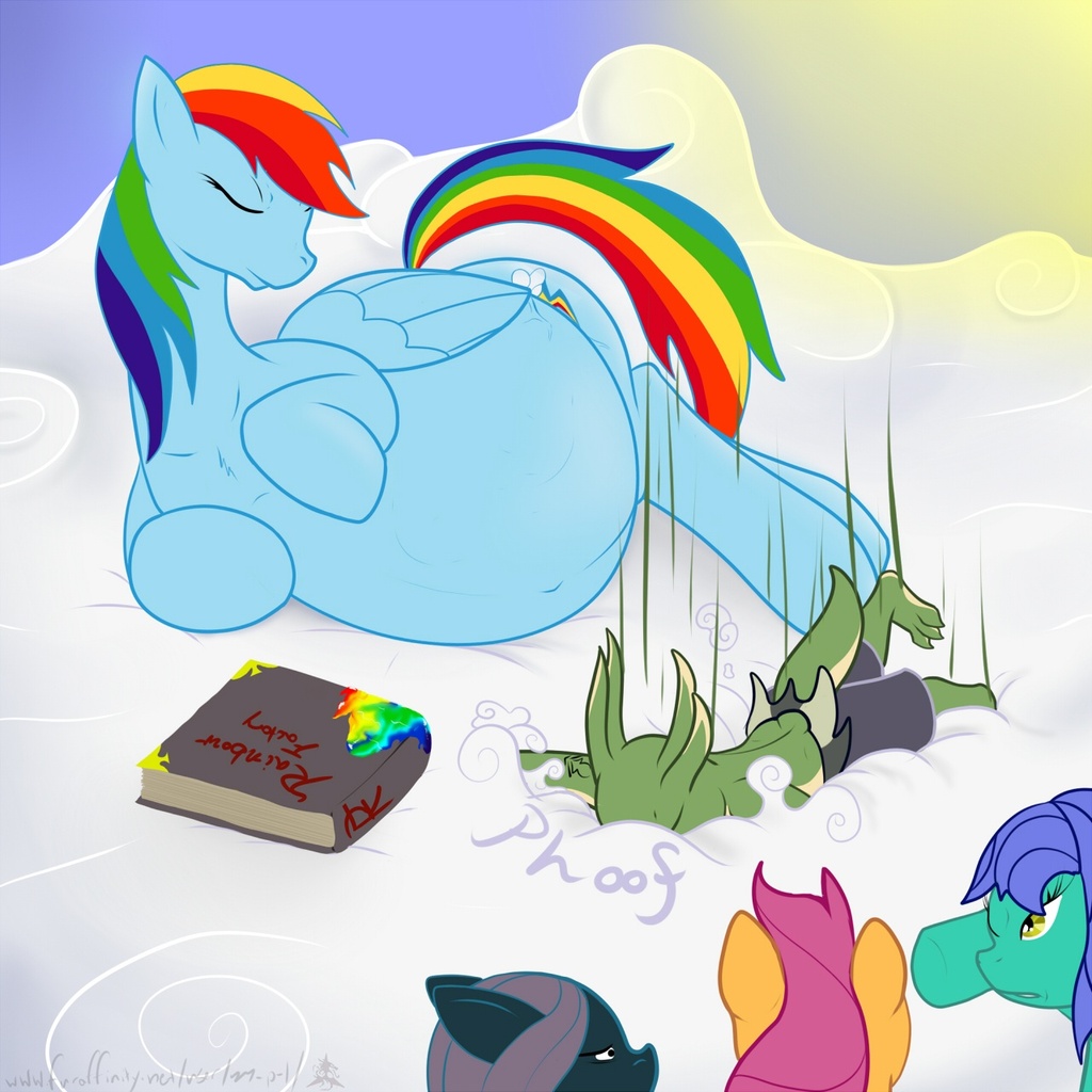 artist:m-p-l, rainbow dash, scootaloo, oc, fanfic:rainbow factory, book, cl...