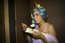 Size: 600x399 | Tagged: safe, artist:cessatia, princess celestia, human, g4, cake, cakelestia, cosplay, equestria la, equestria la 2012, food, irl, irl human, photo, solo