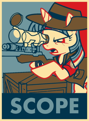 Size: 720x978 | Tagged: safe, artist:herbsmoker, twilight sparkle, pony, unicorn, g4, assassin, clothes, female, gun, hat, hooves, hope poster, horn, mare, open mouth, optical sight, poster, propaganda, pun, rifle, scope, shepard fairey, sniper, sniper (tf2), sniper rifle, solo, team fortress 2, text, twilight sniper, weapon