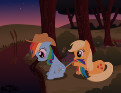 Size: 990x765 | Tagged: safe, artist:rangelost, applejack, rainbow dash, earth pony, pegasus, pony, g4, accessory swap, alternate hairstyle, applejack's hat, blushing, cowboy hat, duo, female, hat, lesbian, loose hair, mare, mouth hold, night, ship:appledash, shipping, tail bite, tree