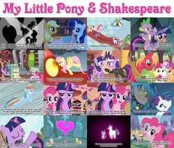 Size: 1600x1360 | Tagged: source needed, useless source url, safe, edit, edited screencap, screencap, apple bloom, applejack, basil, big macintosh, clover the clever, fluttershy, pinkie pie, princess cadance, princess platinum, private pansy, queen chrysalis, rainbow dash, rarity, rover, scootaloo, shining armor, smart cookie, spike, sweetie belle, twilight sparkle, diamond dog, dragon, earth pony, pony, friendship is witchcraft, a canterlot wedding, a dog and pony show, dragonshy, feeling pinkie keen, friendship is magic, g4, hearth's warming eve (episode), it's about time, look before you sleep, ponyville confidential, the return of harmony, winter wrap up, a midsummer night's dream, all's well that ends well, as you like it, cutie mark crusaders, elements of harmony, francis sparkle, golden oaks library, hamlet, hearth's warming eve, henry v (play), hub logo, king lear, male, mare in the moon, measure for measure, quote, richard ii (play), stallion, the merchant of venice, william shakespeare