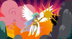 Size: 2869x1563 | Tagged: safe, artist:licoricebunny, princess celestia, human, g4, canterlot, clothes, dark skin, female, flying, humanized, scepter, solo, winged humanization