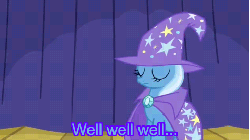 Size: 480x270 | Tagged: safe, screencap, trixie, pony, unicorn, boast busters, g4, season 1, animated, cape, clothes, dialogue, eyes closed, female, hat, mare, reaction image, solo, subtitles, trixie's cape, trixie's hat, wizard hat