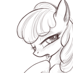 Size: 700x700 | Tagged: safe, artist:rainbow, apple bloom, earth pony, pony, g4, bedroom eyes, blushing, female, filly, grayscale, lidded eyes, monochrome, open mouth, raised hoof, simple background, solo, tongue out, white background