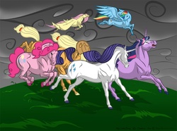 Size: 936x696 | Tagged: safe, artist:xx-artyamy-xx, applejack, fluttershy, pinkie pie, rainbow dash, rarity, twilight sparkle, earth pony, horse, pegasus, pony, unicorn, g4, hoers, mane six, realistic, unicorn twilight