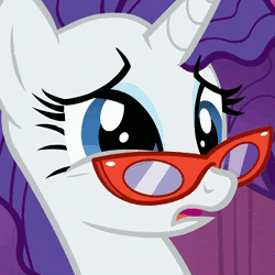 Size: 250x250 | Tagged: safe, screencap, rarity, pony, unicorn, g4, season 1, suited for success, animated, eye twitch, female, glasses, mare, open mouth, reaction image, solo