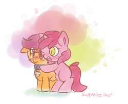 Size: 887x719 | Tagged: safe, artist:haute-claire, ruby pinch, scootaloo, pony, unicorn, g4, blushing, collar, female, filly, hug, lesboloo