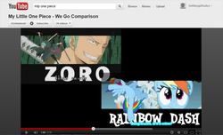 Size: 632x384 | Tagged: dead source, safe, rainbow dash, human, pegasus, pony, g4, comparison, female, intro, male, mare, one piece, pmv, roronoa zoro, spread wings, sword, tail, weapon, wings, youtube, youtube link